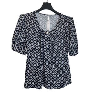 NY Collection Womens Geometric Print Neck Blouse Balloon Short Sleeve Size 2X